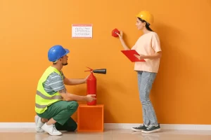 Addetti antincendi verificano la funzionalità degli estintori