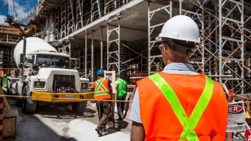 Alcuni lavoratori con casco e gilet di sicurezza in un cantiere edile