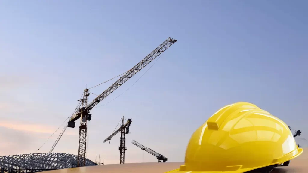 casco di sicurezza con, sullo sfondo, alcune gru