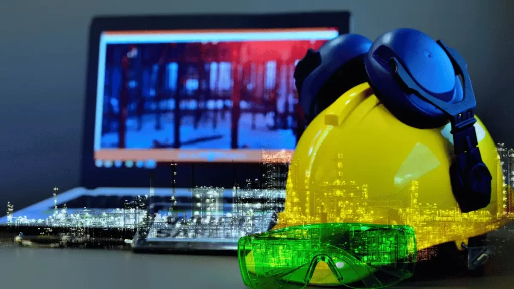 casco e occhiali protettivi vicini ad un pc